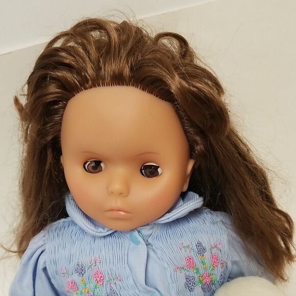 Vintage Lisse Doll Blue Smocked Dress Teddy Bear 15" Soft Toy Missing Lashes - Picture 4 of 7